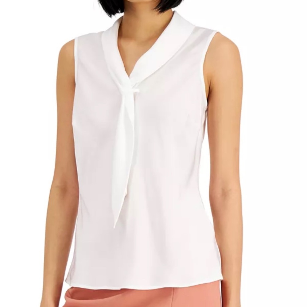 SLEEVELESS WHITE BLOUSE - TAHARI - SAILOR TIE - NEW - SMALL